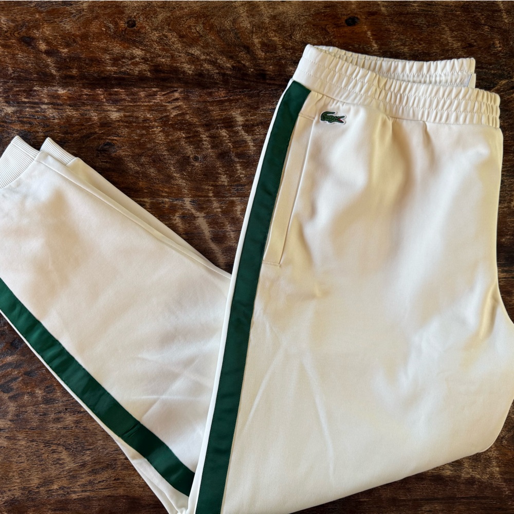 Lacoste Men's Sweatpants in Cream with Green Stripe